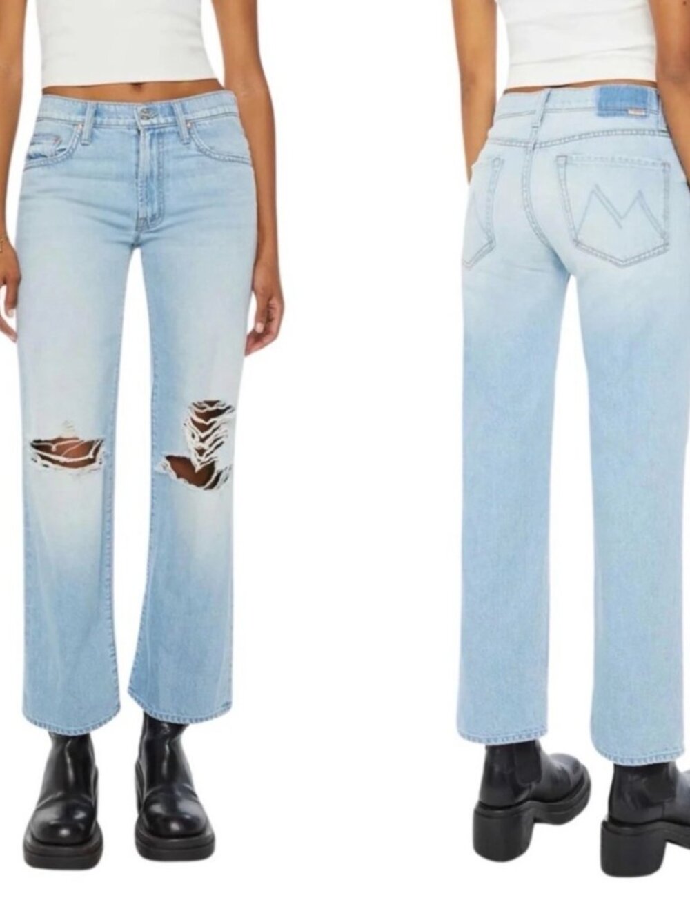 Mother SUPERIOR The Mid Rise Rambler Zip Flood Jeans in Ripped Off 26‎